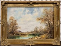 Signed Oil On Canvas Landscape, Ornate Gilt Frame
