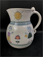 Signed Kids Drawing Pottery Pitcher