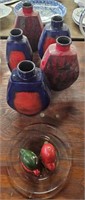 Table Lot Of 8 in. Tall Blue & Red Pottery Vases