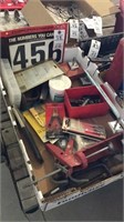 Box of hand tools, drill bits, number stickers,