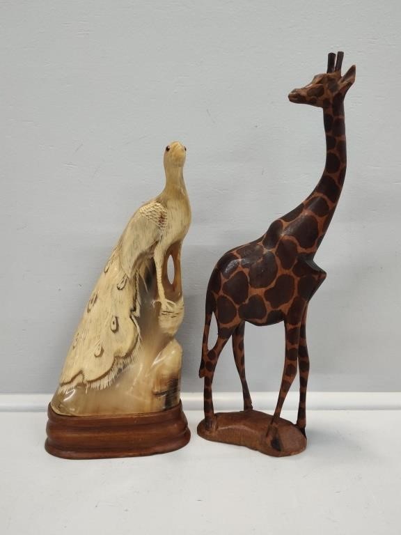 Carved Horn Peacock Art Sculpture and Giraffe