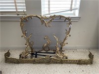 Ornate Fireplace Screen, Andirons, & Front