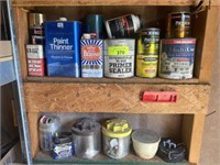3 shelves paint and misc. items