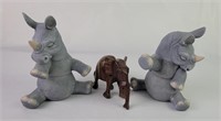 Signed Ceramic Rhinos & Wooden Elephant