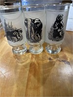 3 Vintage Frosted Glasses Wildlife