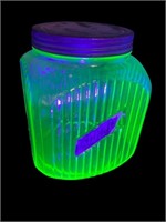 Uranium Glass Large cookie jar canister ribbed