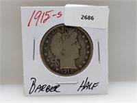 1915-S 90% Silver Barber Half $1 Dollar