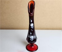 Vtg Fenton Signed/ Hand Painted Ruby Red Bud Vase