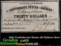 1861 Confederate States 20 Dollars Interest Note G