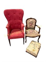 Wingback chair, open armchair and footstool
