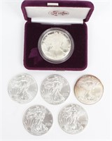 SIX US SILVER EAGLES PROOF AND MINT STATE