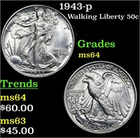 1943-p Walking Liberty 50c Grades Choice Unc