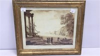 Museum print of 1700’s boat landing, gold frame,