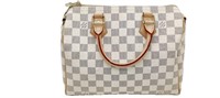 Cream & Navy Blue Checkered Leather Tote Bag