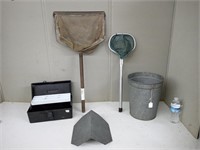 FISHING NETS,TACKLE BOX,METAL SAP BUCKET & MORE