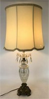 Vintage Cut Glass & Brass Lamp with Prisms & Shade