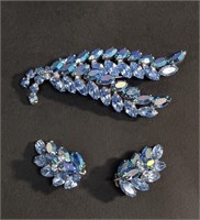 SHERMAN LIGHT BLUE & AB BROOCH & EARRING SET