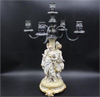 Three Porcelain Figure Candelabra-Silver Plate Top