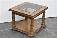 Chunky Square End Table Wood, Glass & Brass
