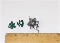 Vintage Green & Light Blue Glass Stone Brooches
