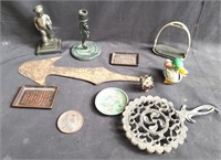 Box of miscellaneous, brass figure, duck toy,