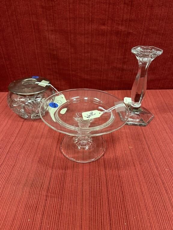 3 Heisey crystal, tall candlestick, hair receiver