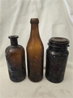 Lot of 3 vintage brown bottles and jar
