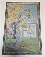 ANTIQUE CHURCH OIL ON BOARD SIGNED DEDICATED 31