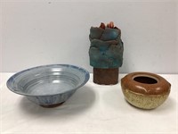 Three Repaired Signed Pottery Pieces