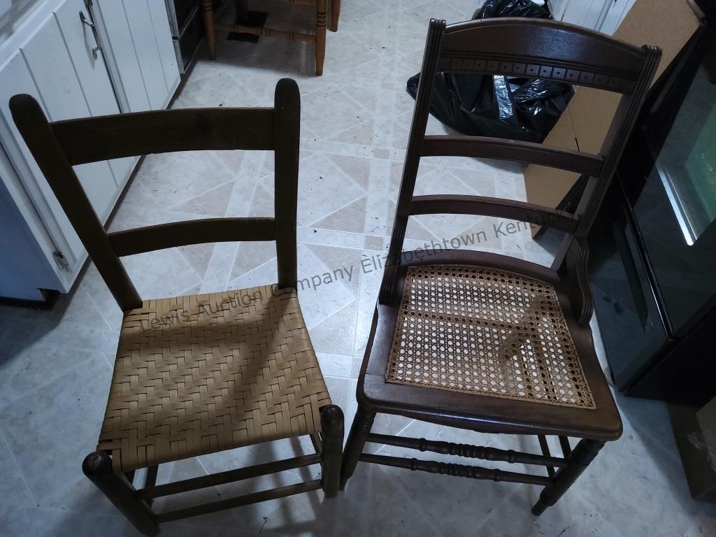 Two wooden chairs one cane back and one