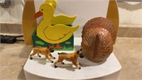 CERAMIC TURKEY CONTAINER, DUCK WOODEN CARRIER AND