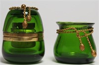 Vintage French Green Glass & Ormolu Cigarette Set