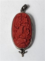 Red Carved Cinnabar Bird & Flowers Pendant SterliG