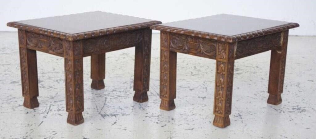 Pair of small carved hardwood tables