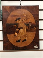 121/2" x 11" wood inlay wall hanging of man holdin