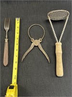 Vtg kitchen utensils, jar opener, fork &