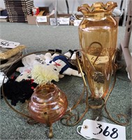 Amber Vases in Metal Stands