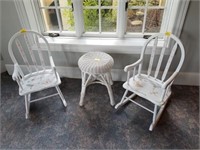 2 CHILD'S PAINTED ROCKERS AND 14" WICKER TABLE