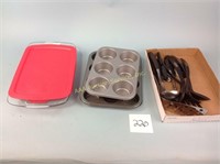 Pyrex baking dish, kitchen utensils, muffin pans