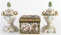 Capodimonte Porcelain Urns and Dresser Box