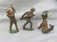 3PC VINTAGE METAL MILITARY SOLDIER TOYS 3.5"T