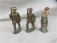 3PC VINTAGE METAL MILITARY SOLDIER TOYS 3.25"T