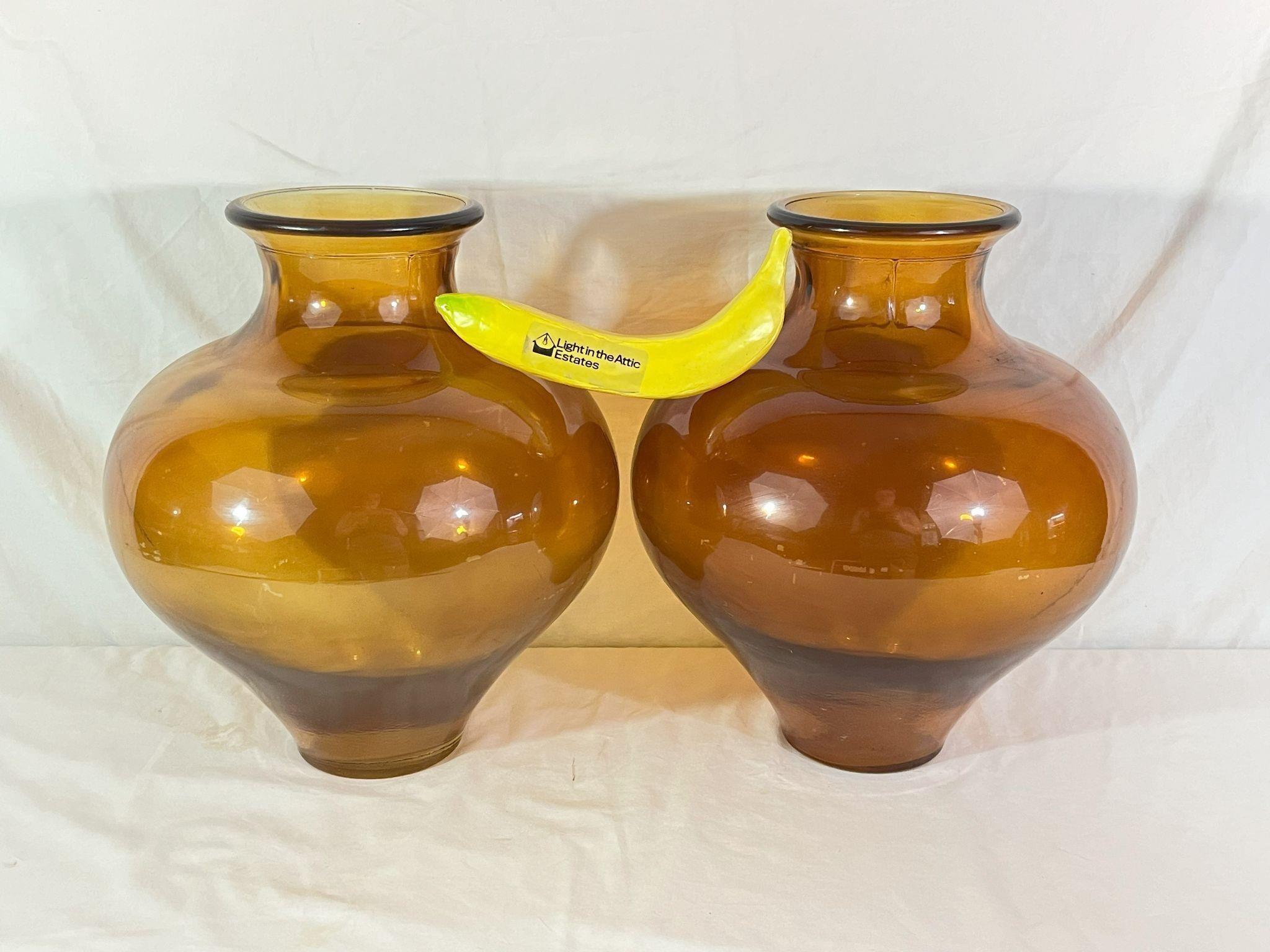 Pair Vintage Amber Globe Vases