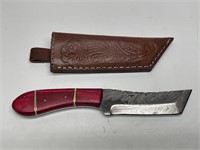 Damascus Steel Knife with Leather Sheath, 8in L