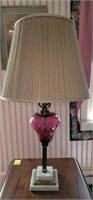 Cranberry glass and marble table lamp