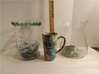 2 Glass Vases w glass pebbles, Mustard Seed Mug