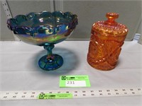 Carnival glass compote and canister
