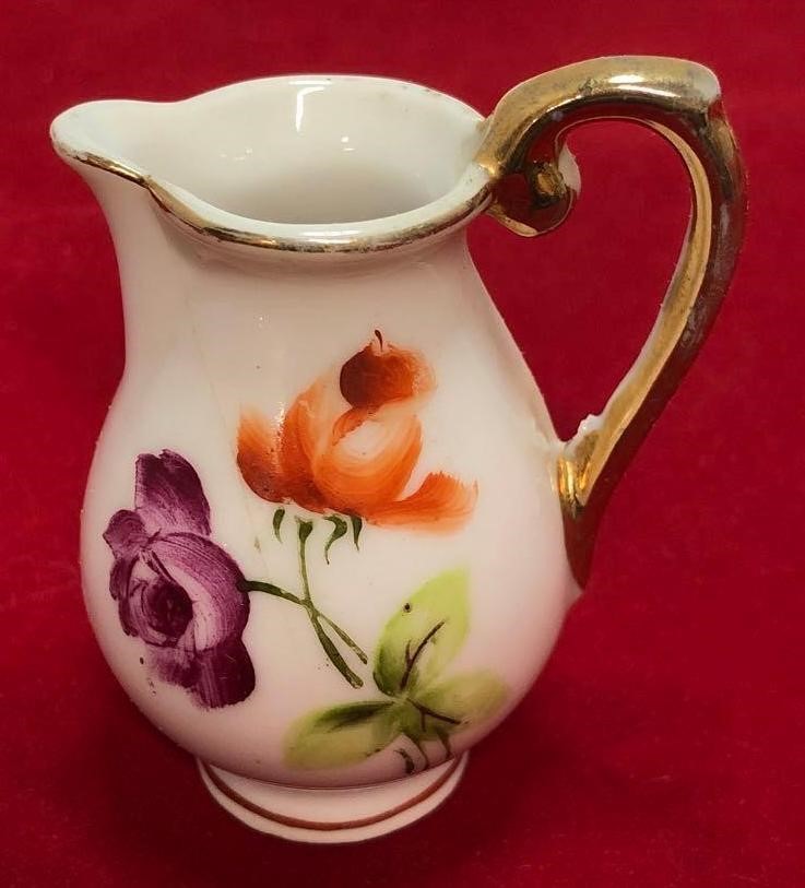 Miniature Floral Ceramic Water Pitcher Gold Accent