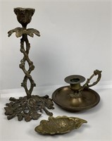 Vintage Brass Candle Holders & Leaf Tray