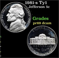 Proof 1981-s Ty1 Jefferson Nickel 5c Grades GEM++